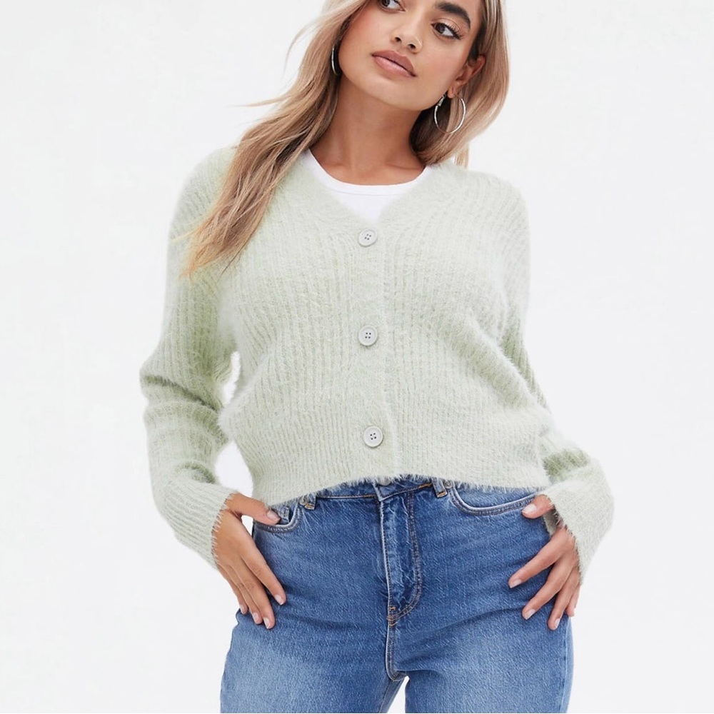 New Look Petite fluffy ribbed cardigan in light green